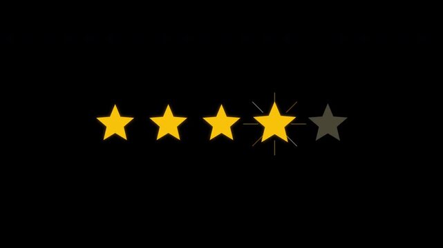 Five star rating review animation. Customer feedback 5 star rating. 4k animation video on black backgroud