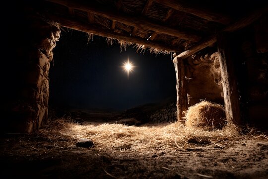 Star of bethlehem shining over a rustic wooden stable with straw on the ground at night
