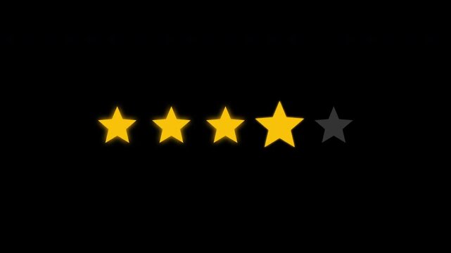 Five star rating review animation. Customer feedback 5 star rating. 4k animation video on black backgroud