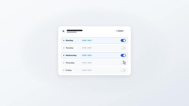 Weekly availability schedule panel with animated toggle switches and interactive cursor click