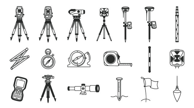 Land Surveying Instruments and Equipment Black  White Line Art Icon Kit