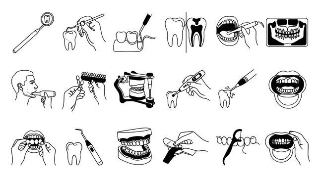 Black and White Line Art Dentistry Icons Set with Dental Care, Oral Health, Tools, Procedures, and Equipment