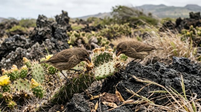 Convergent evolution on a volcanic island with bird beak variation, lava rock, prickly pear cactus, and windblown seed pods in field study setting.