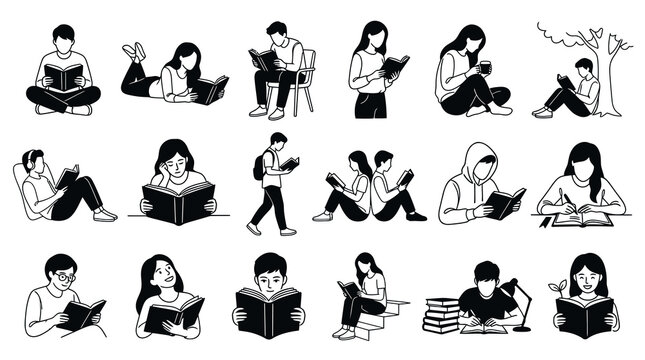 Black and white line art collection of people reading books and studying, representing education, learning, and knowledge.