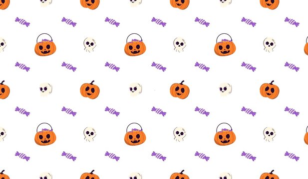Seamless halloween pattern with cute pumpkins ghosts and candy