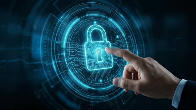A digital padlock icon with a glowing blue circuit board overlay symbolizes digital security and data protection, with a human finger reaching out to interact with the interface.