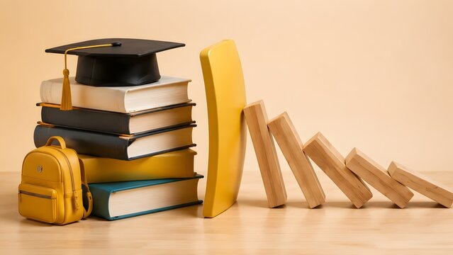 Education insurance and student future protection concept with graduation cap on books and yellow shield stopping falling wooden domino blocks.