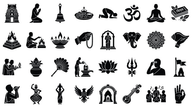 Comprehensive collection of black silhouette icons representing Hinduism and Indian culture, including Om symbols, Ganesha, temples, yoga poses, Vedic rituals, and spiritual symbols on white.
