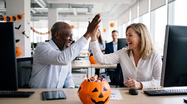 Halloween workplace celebration with two colleagues high fiving by pumpkin candy bowl features a corporate social post