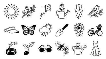 Fototapeta premium Spring Season Black and White Line Art Icon Set. Nature, Gardening, and Outdoor Elements Collection.