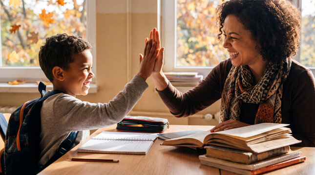 Teacher is giving a high-five to an excited elementary student at an autumn classroom desk, encouraging back-to-school celebration for school event posters