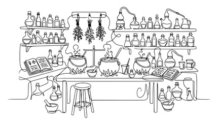 Fototapeta premium Hand-Drawn Alchemist's Laboratory with Bubbling Potions and Spell Books
