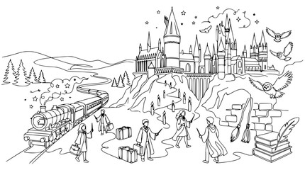 Fototapeta premium Magical Castle and Train Scene: Fantasy Illustration for Coloring