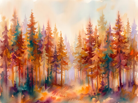 Abstract watercolor painting of a colorful autumn forest with vibrant trees and soft light in the background