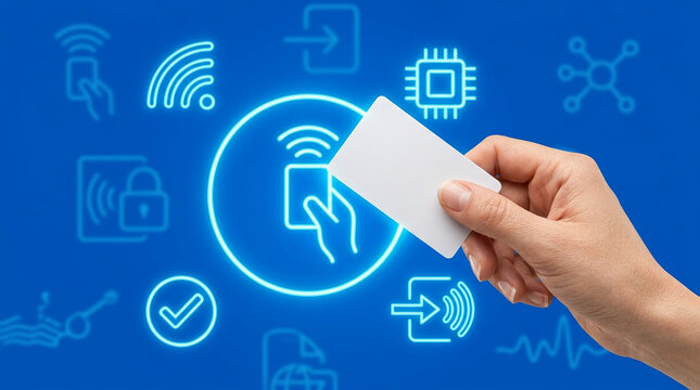 Hand Holding Blank White NFC Smart Card Over Blue Background with Glowing Digital Security and Wireless Communication Icons for Modern Payment Tech