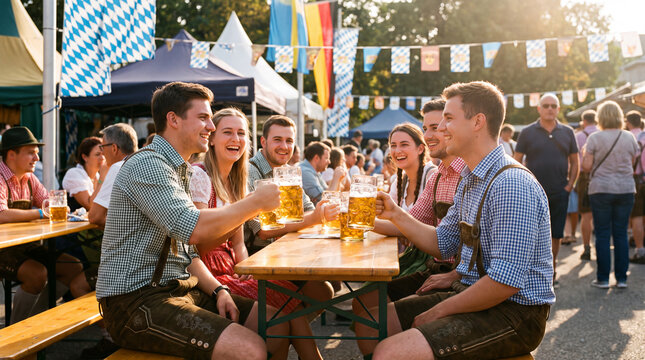 Sunny Oktoberfest beer garden with young people in traditional clothing at wooden tables is perfect for outdoor festival backgrounds