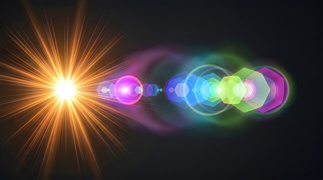 Colorful light burst with glowing rays and bokeh effect in dark background