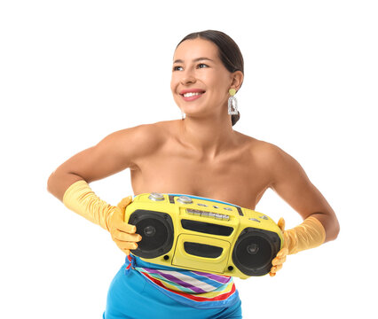 Retro music and fun young woman in yellow gloves holding a boombox 80s and 90s nostalgia isolated on white background