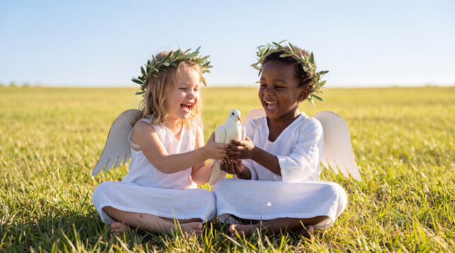 Peace Day with two angel children sitting together cradling a dove features a tenderness banner