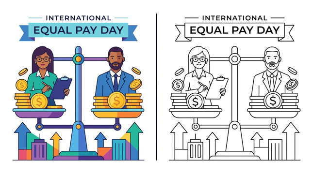 International Equal Pay Day concept: Male and female on scales, coins, graph growth