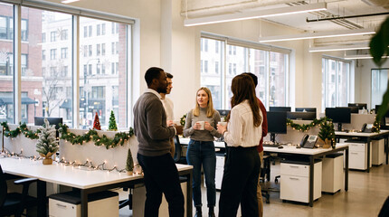Obraz premium A bright open-plan office with simple Christmas decorations and colleagues chatting casually is a welcoming holiday workplace for internal newsletters
