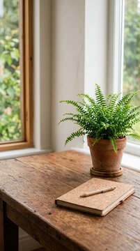 Potted fern and notebook on desk