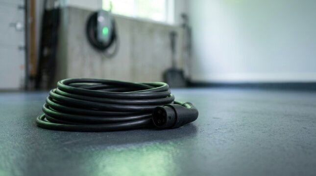 Electric vehicle charging cable coiled neatly
