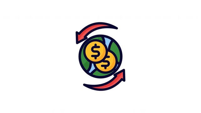 Global Finance Icon Pack 4 dollar exchange on world globe for international business and economic trade transactions