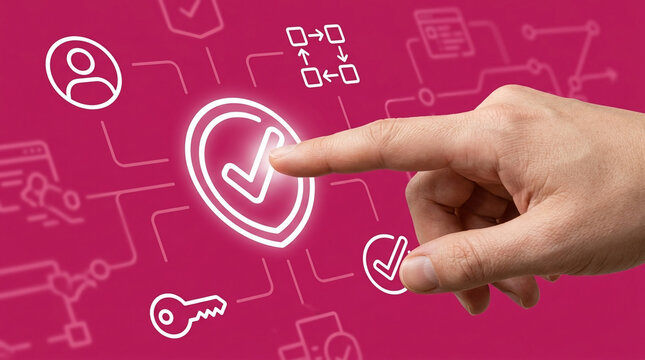Cybersecurity verification concept with human hand touching glowing check mark icon on pink background with digital business interface symbols.