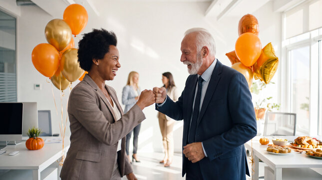 Thanksgiving office celebration with two business colleagues fist bumping near balloons features a corporate banner