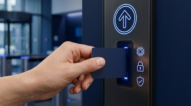 Hand inserting a security key card into a modern electronic access control panel with glowing blue icons in a contemporary high-tech office building