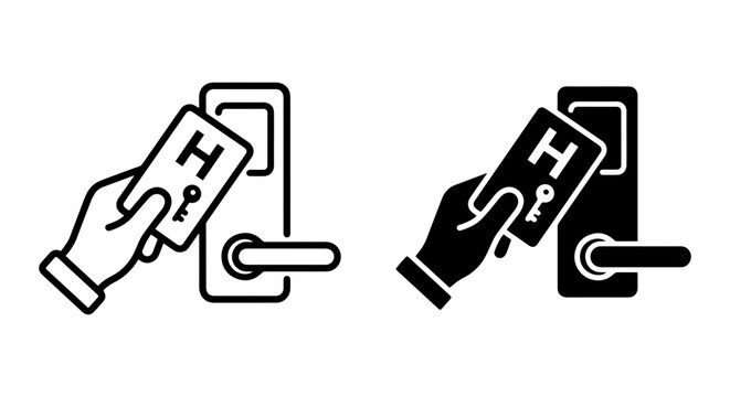 Hotel Key Card Access, Hand Inserting Key Fob into Door Lock, Hospitality Service Icons