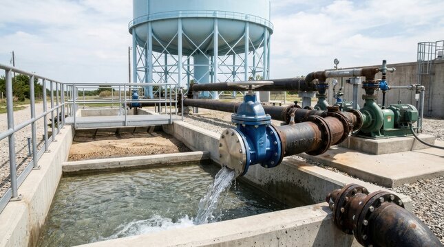 Resilient water supply infrastructure with storage tanks, turbine pumps, ductile iron mains, and a control valve feeding a filtration basin.