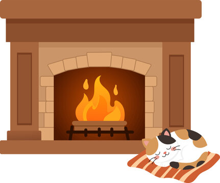 Fireplace cat fire hearth flame home warm cozy pet in living room with burning fire in brick hearth, domestic cat sleeping on cushion near fireplace, warm home interior, comfort and relaxation mood