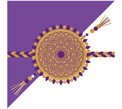 Traditional golden sunburst mandala rakhi bracelet with tassels on purple and black background vector