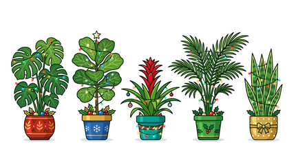 Fototapeta premium Christmas houseplant collection, 5 festive potted plants with holiday lights. Tropical indoor greenery set with monstera and palm. Winter home decor vector.