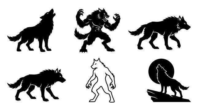 Black wolf silhouettes and werewolf vector set, howling wolf icons with moon, 6 mythical creature elements for logos and tattoos