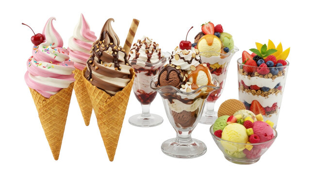 Delicious frozen desserts with colorful toppings and sauces presented on a clean white background for commercial advertising.