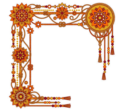 Golden ornamental floral corner rakhi border with hanging decorative tassels vector illustration template