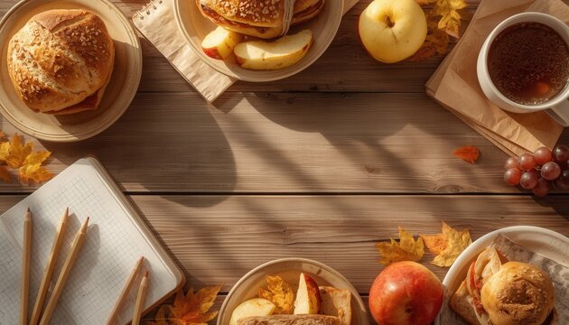 Autumn Breakfast Spread: A delightful spread of autumnal delights, featuring freshly baked bread, crisp apples, grapes, and a steaming cup of tea.