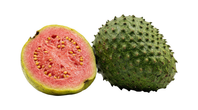 Fresh soursop fruit sliced open revealing creamy pink pulp seeds isolated studio photography against white background