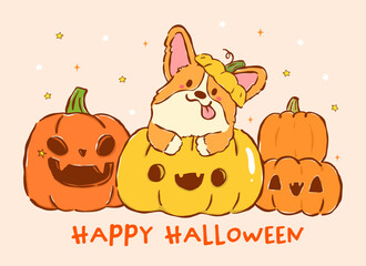 Fototapeta premium Cute kawaii Halloween corgi dog fall pumpkin playful hand drawn doodle