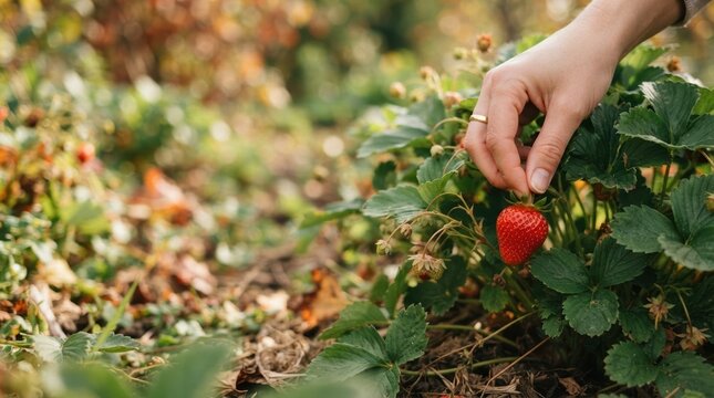 Woman harvesting fresh ripe red strawberry from garden patch in farm field during harvest season