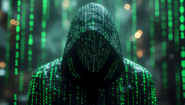 Hacker figure wearing a dark hoodie covered in glowing green binary code