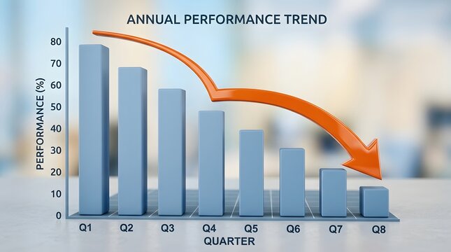 A sharp decline in financial performance shown through a downward trending graph and bar chart data visualization