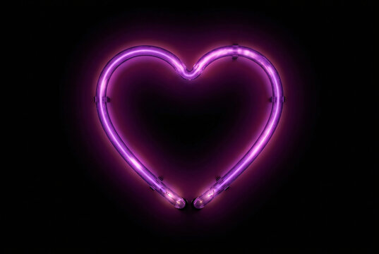 Purple Neon Heart Shape Frame Romantic Glow On Black Background