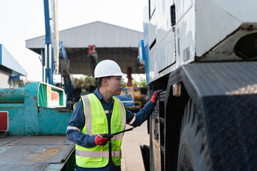 Mobile crane vehicle preventive maintenance is performed by a male technician wearing a safety vest inspecting machinery with a tablet © JD Studio