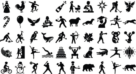 Obraz premium Set of black silhouette icons featuring various animals people sports activities food and holiday symbols for creative design projects and digital graphic illustrations
