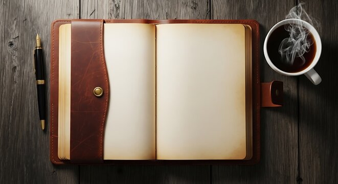 Open Leather Notebook with Pen and Cup of Coffee on Wooden Table