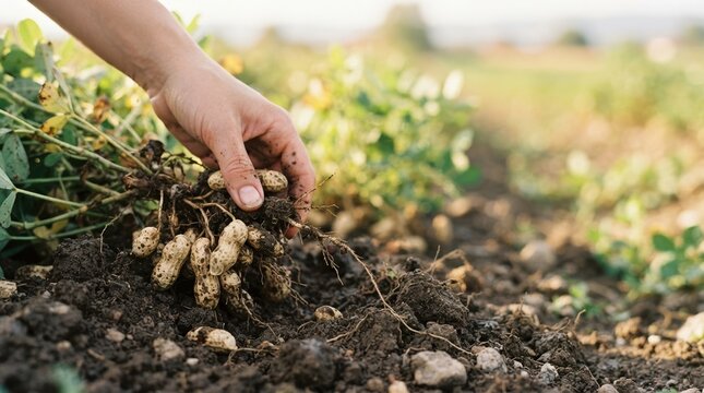 Farmer harvesting fresh peanuts by hand in a fertile agricultural field representing sustainable agriculture